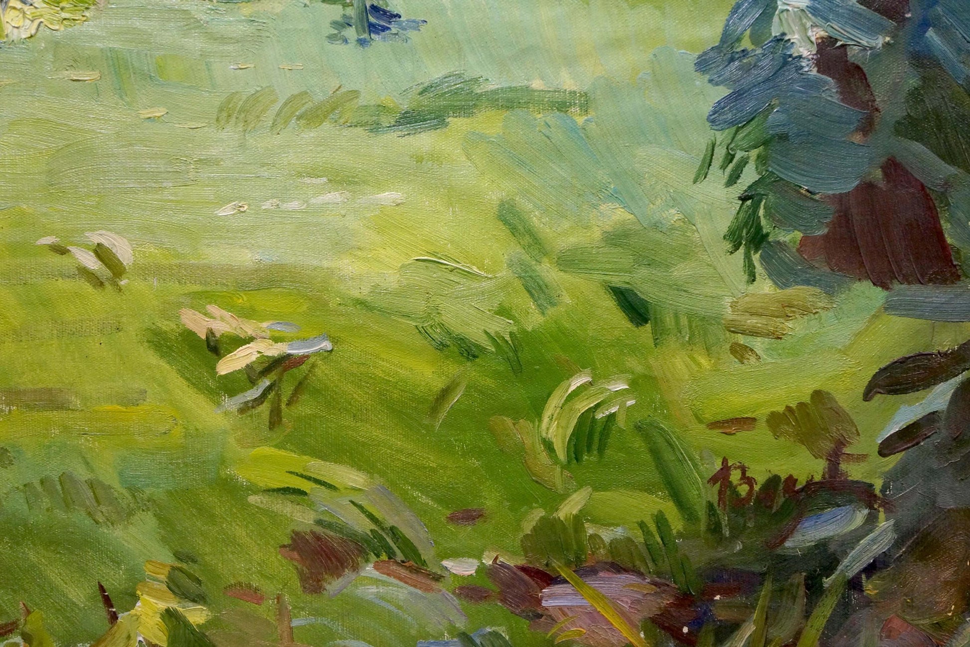 Vibrant green oil painting of house in woods grassy field textured brushstrokes