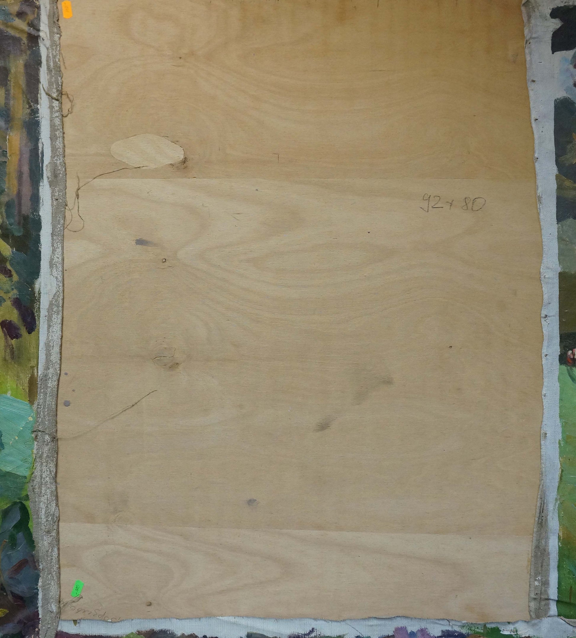 Back of Oil painting House in the woods on light brown plywood panel