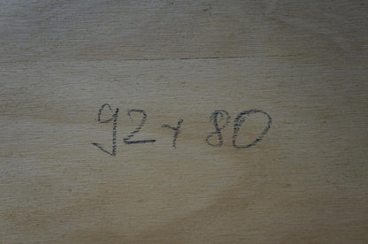 Back of Oil painting House in the woods: Handwritten 92 x 80 in dark ink on light wood
