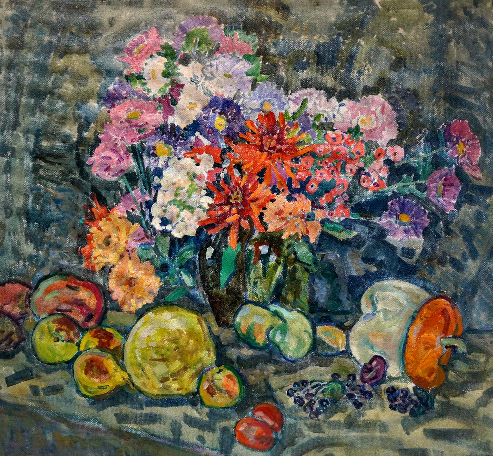 Vibrant impressionistic bouquet of mixed flowers in dark green vase by Gaiduk Zinaida Kirillovna, Oil painting Gifts of summer