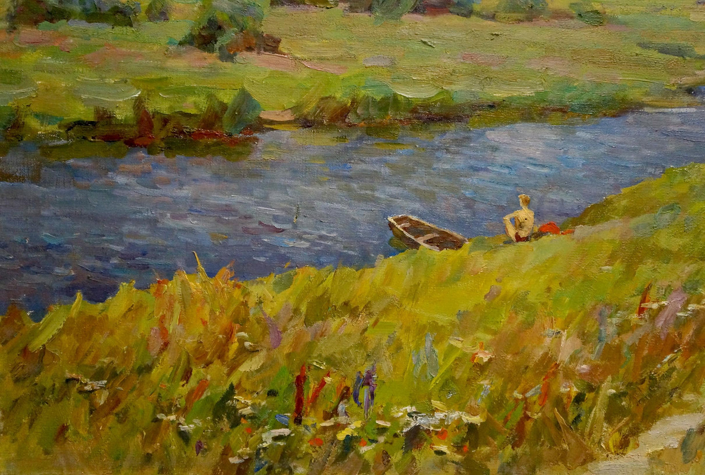 Oil painting by Borimchuk Mikhail Petrovich: rustic rowboat on waters edge