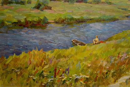 Oil painting by Borimchuk Mikhail Petrovich: rustic rowboat on waters edge