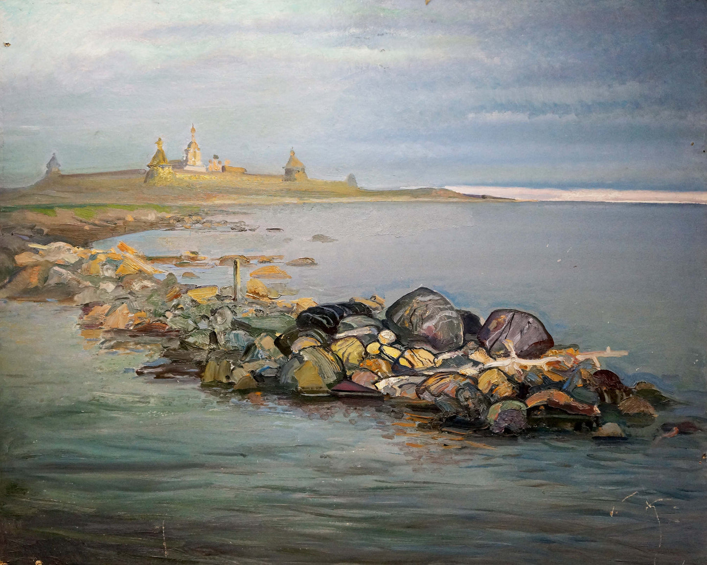 Serene oil painting on the shore: island church with golden domes by calm waters