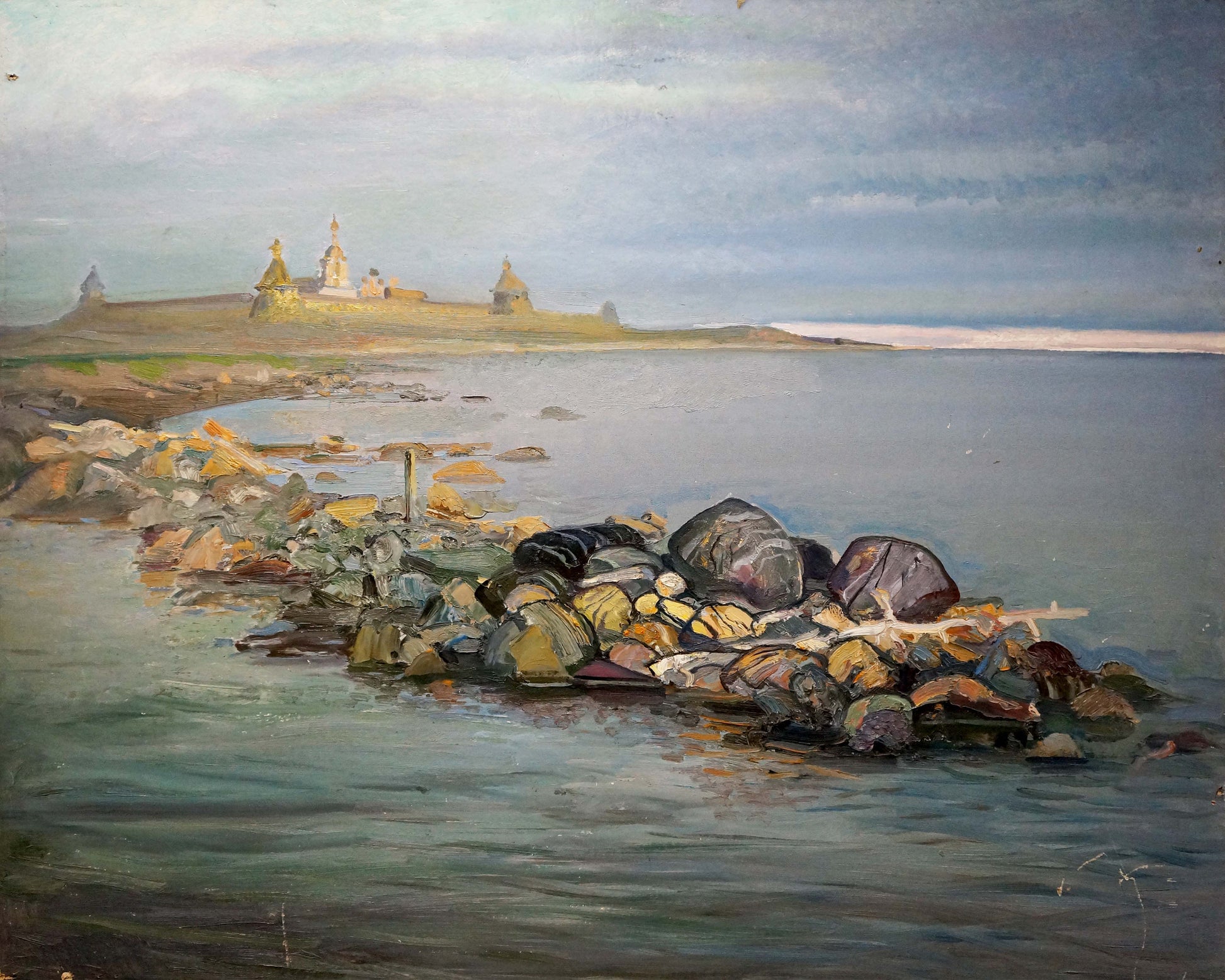Serene oil painting on the shore: island church with golden domes by calm waters