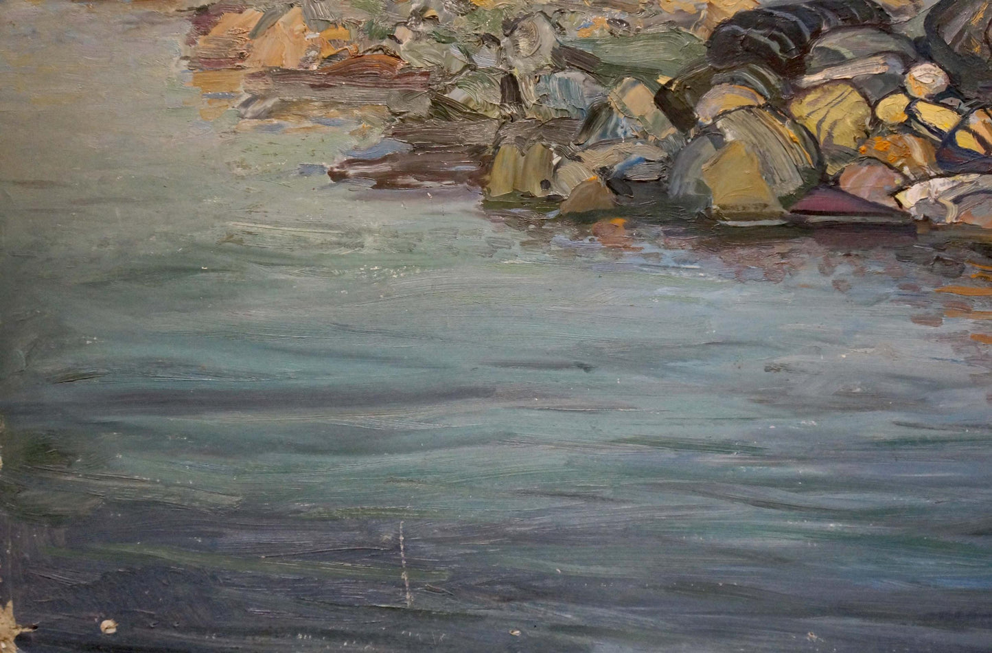 Oil painting On the Shore by unknown artist: rocky shoreline in muted blues