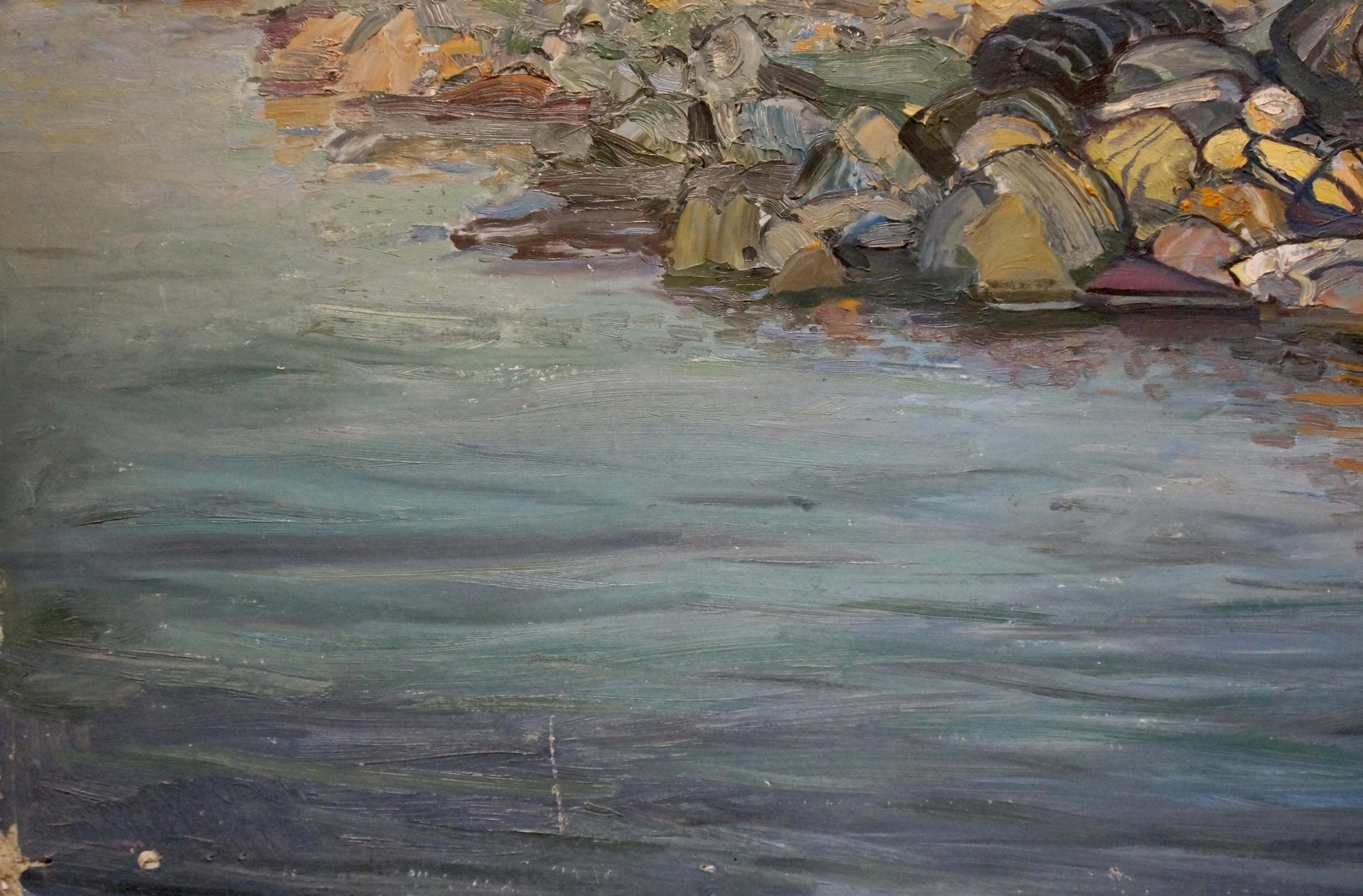 Oil painting On the Shore by unknown artist: rocky shoreline in muted blues