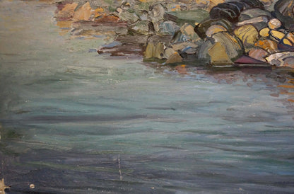 Oil painting On the Shore by unknown artist: rocky shoreline in muted blues