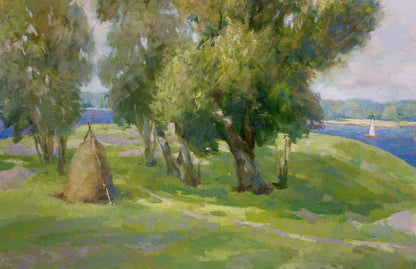 Oil painting by Vasily Fedorovich Mazur: rustic haystack on sunlit hillside