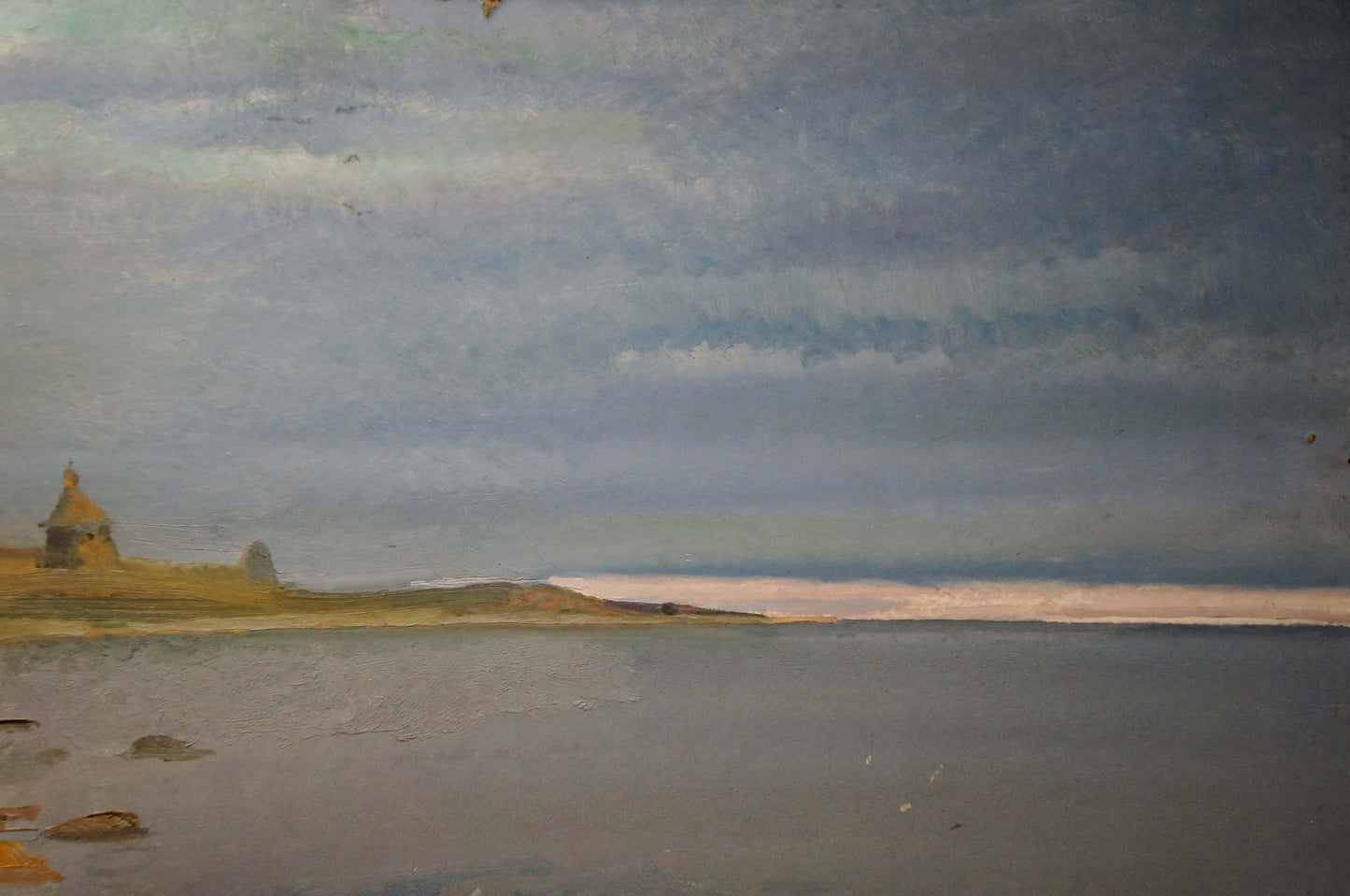 Oil painting On the Shore: muted blue gray coastal scene with lighthouse