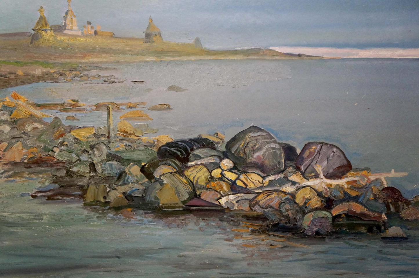 Oil painting On the Shore by unknown artist: rocky shoreline in muted tones