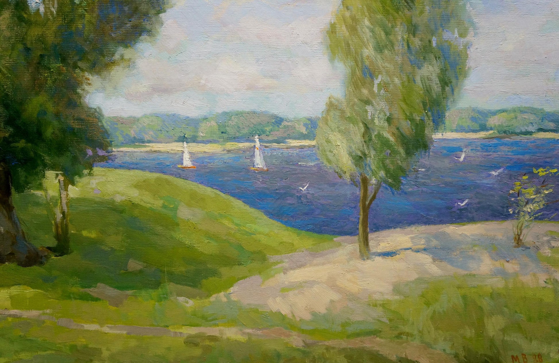 Oil painting Summer by Mazur Vasily Fedorovich: serene lakeside sailboats