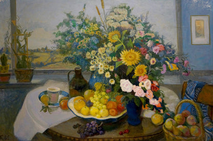 Oil painting Still life by Kovalev Fedor Vlasovich: blue vase with sunflowers, roses, daisies