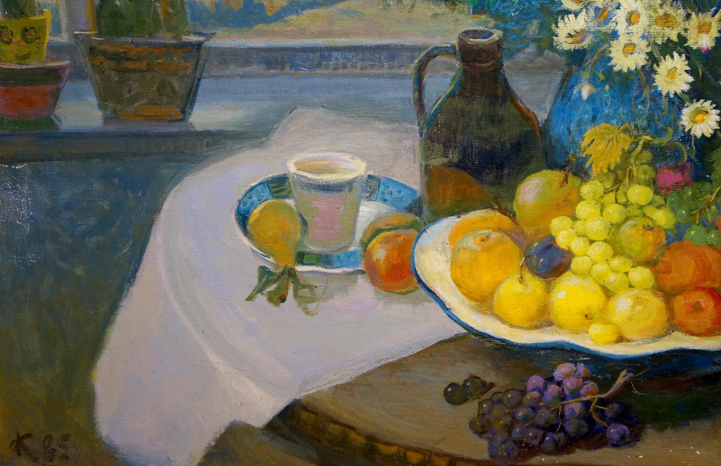 Oil painting by Kovalev Fedor Vlasovich: vibrant blue bowl overflowing with colorful grapes