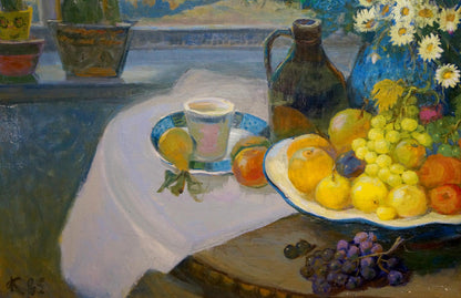 Oil painting by Kovalev Fedor Vlasovich: vibrant blue bowl overflowing with colorful grapes