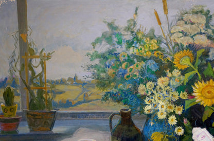 Oil painting of vibrant blue vase with sunflowers and daisies by Kovalev Fedor Vlasovich