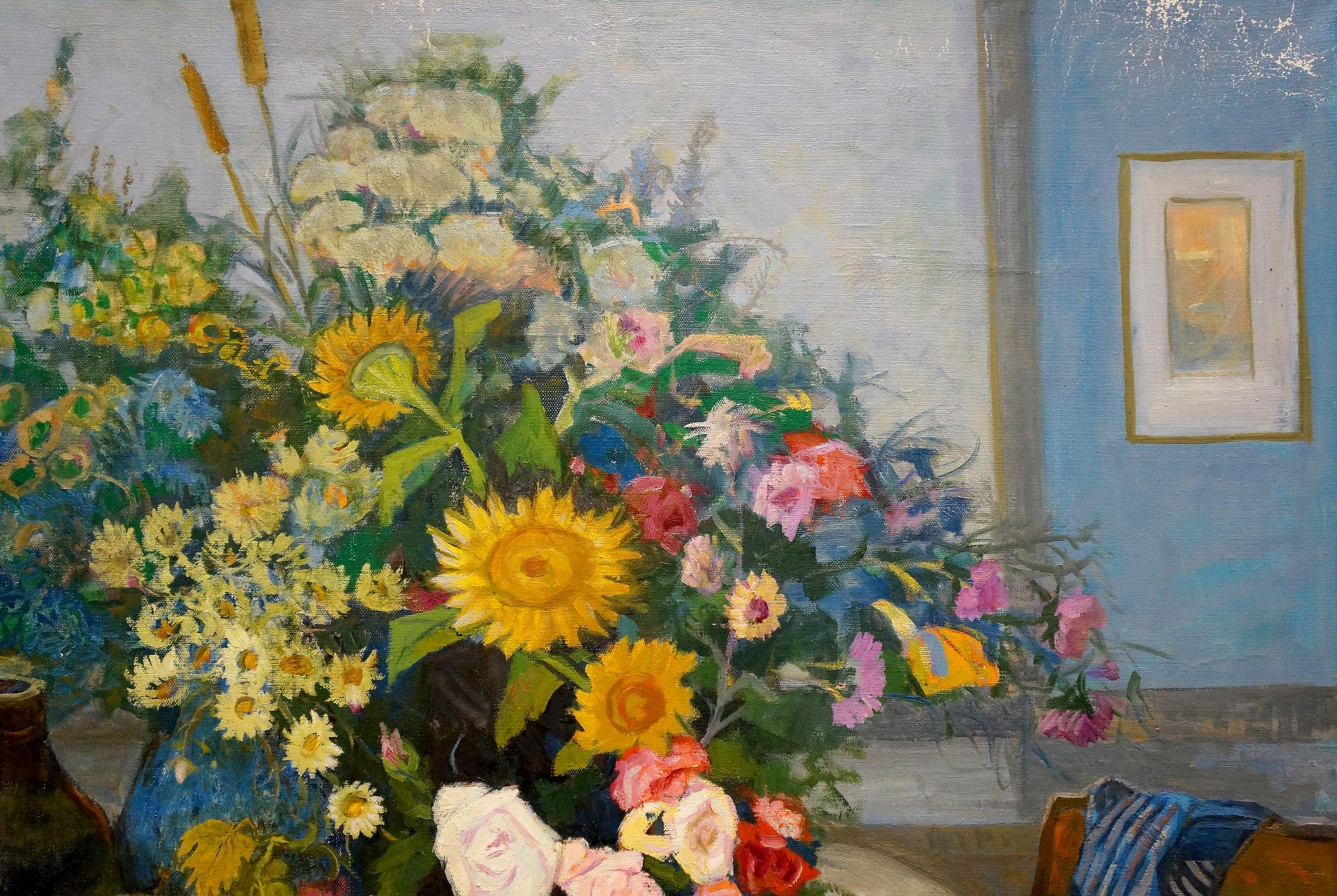 Vibrant impressionistic oil painting of lush florals in blue vase by Kovalev Fedor Vlasovich