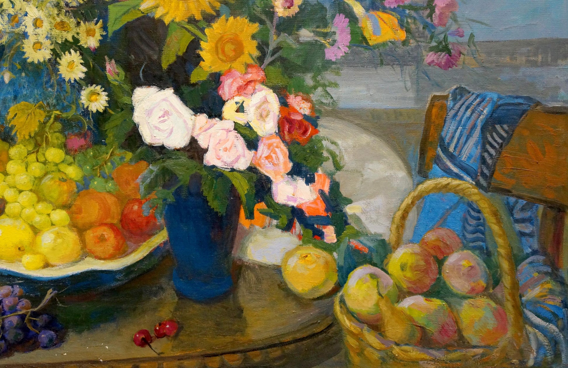 Oil painting by Kovalev Fedor Vlasovich: blue vase with pink, white, orange roses, yellow sunflowers