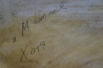 Handwritten signature by Maltsev Nikolay Alexandrovich on beige textured back of Autumn has come oil painting