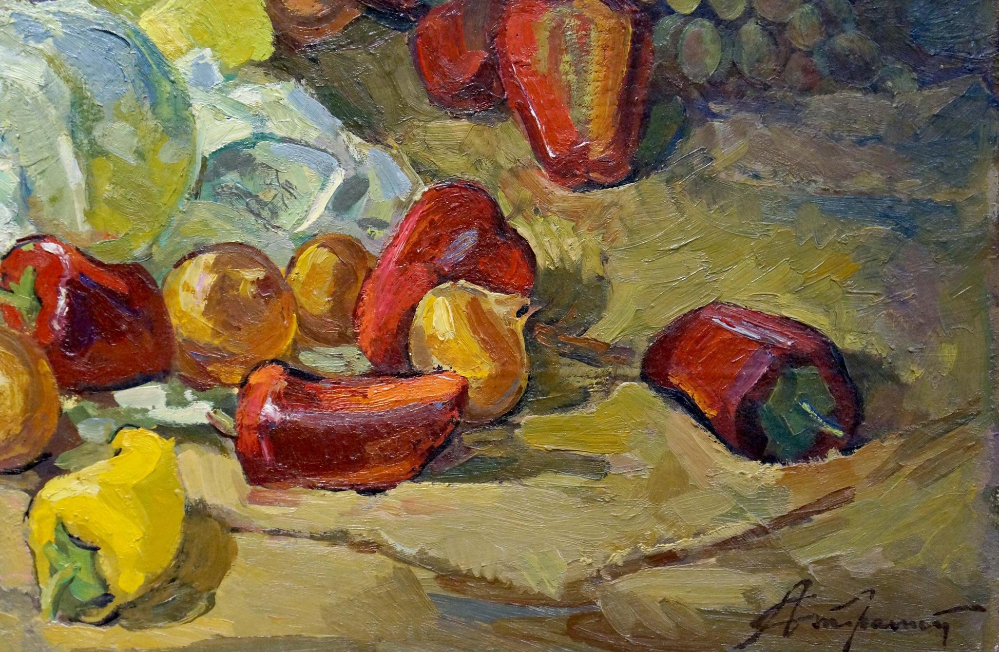 Oil painting of vibrant red yellow bell peppers by Stremsky Alexander Ivanovich