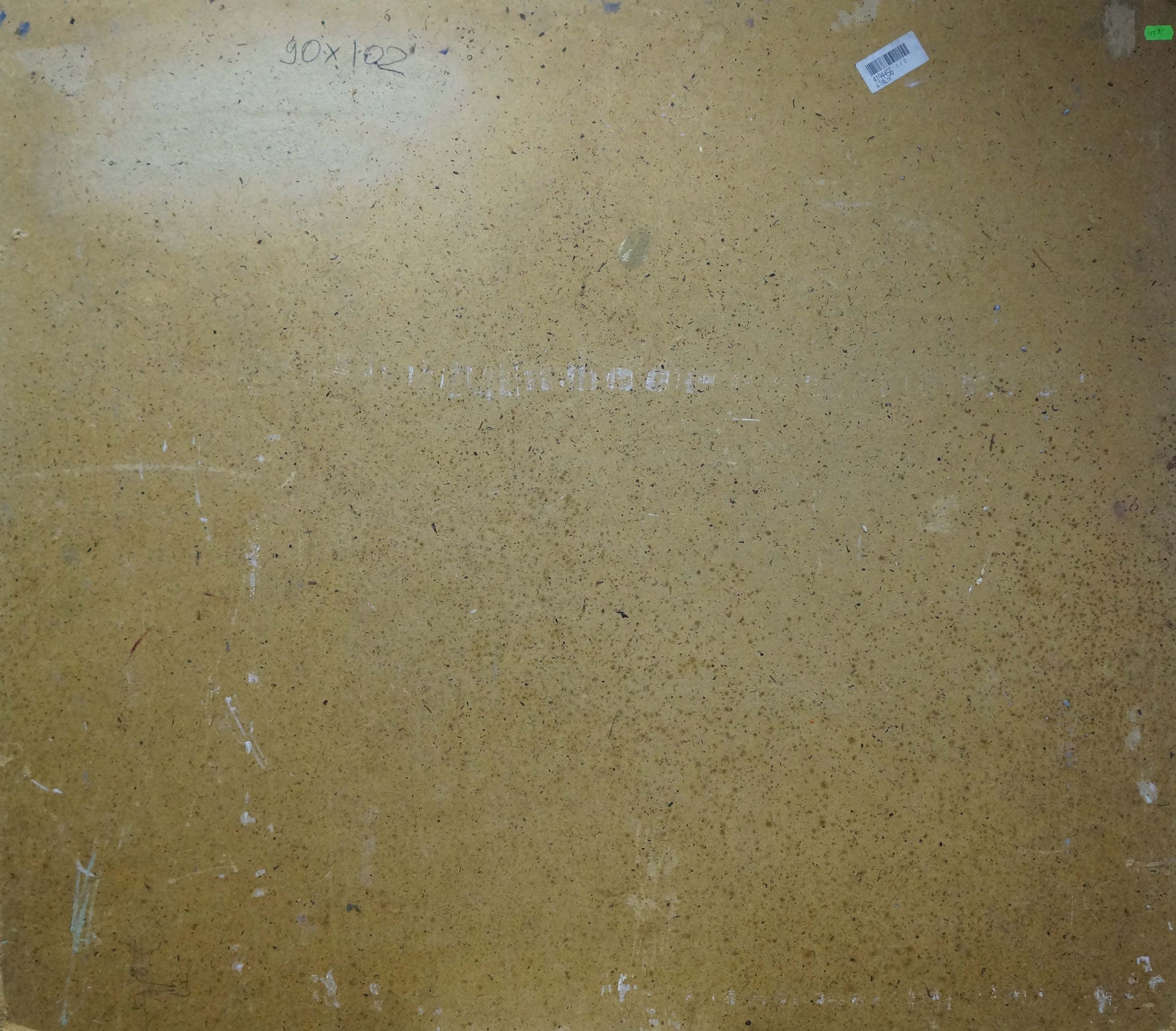 Back of Stremsky oil painting with tan speckled concrete slab and barcode