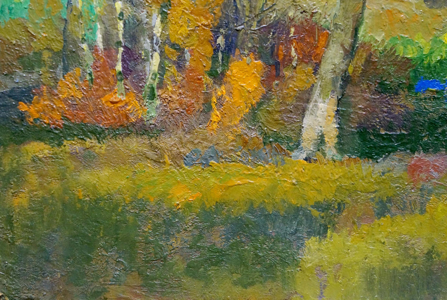 Textured impressionist oil painting Evening came by Mynka, autumn trees