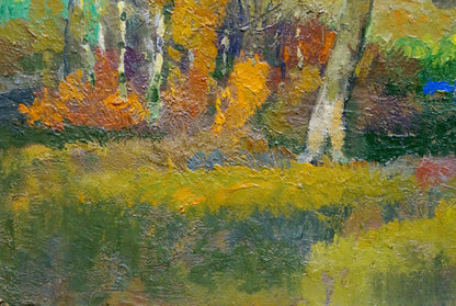 Textured impressionist oil painting Evening came by Mynka, autumn trees