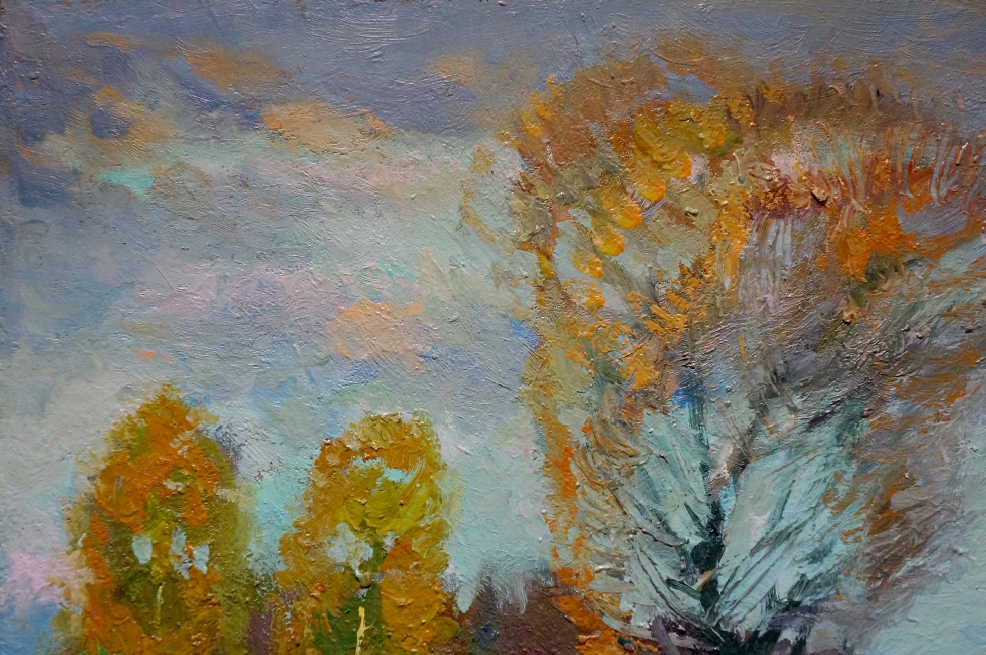 Impressionistic oil painting Evening came by Mynka, autumn trees golden foliage