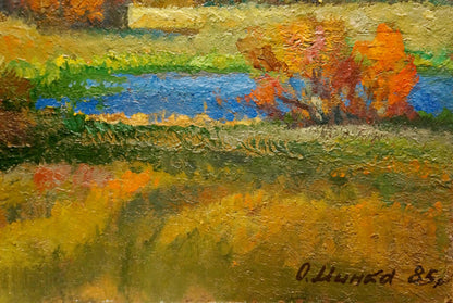 Oil painting Evening came by Mynka, autumn trees by river, textured strokes
