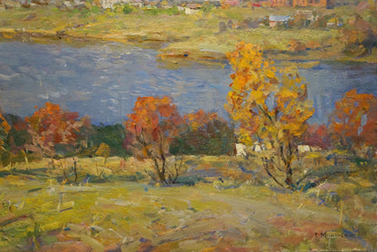 Autumn trees by riverbank oil painting by M.iy Grigoriy Semenovich