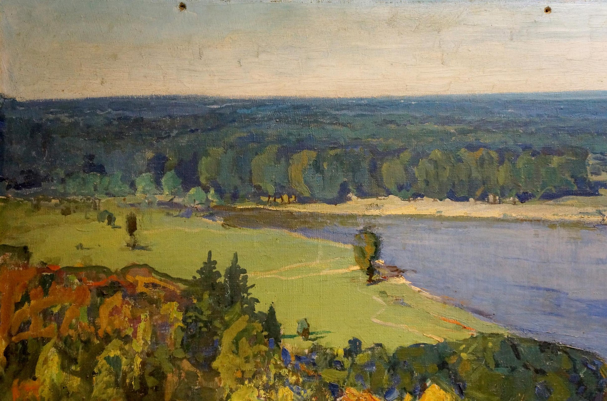 Oil painting by Tyukha Ivan Andreevich: serene river, fields, hills