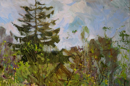 Oil painting Early May by Maltsev Nikolay Alexandrovich, textured evergreen tree under cloudy sky