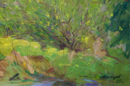 Oil painting Early May by Maltsev Nikolay Alexandrovich: lush green landscape