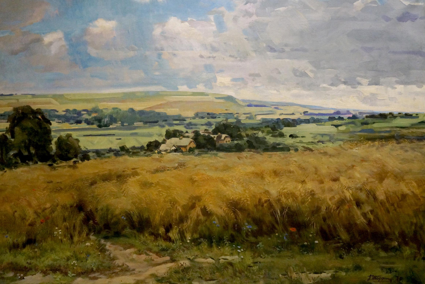 Oil painting of golden wheat field under cloudy sky by unknown artist