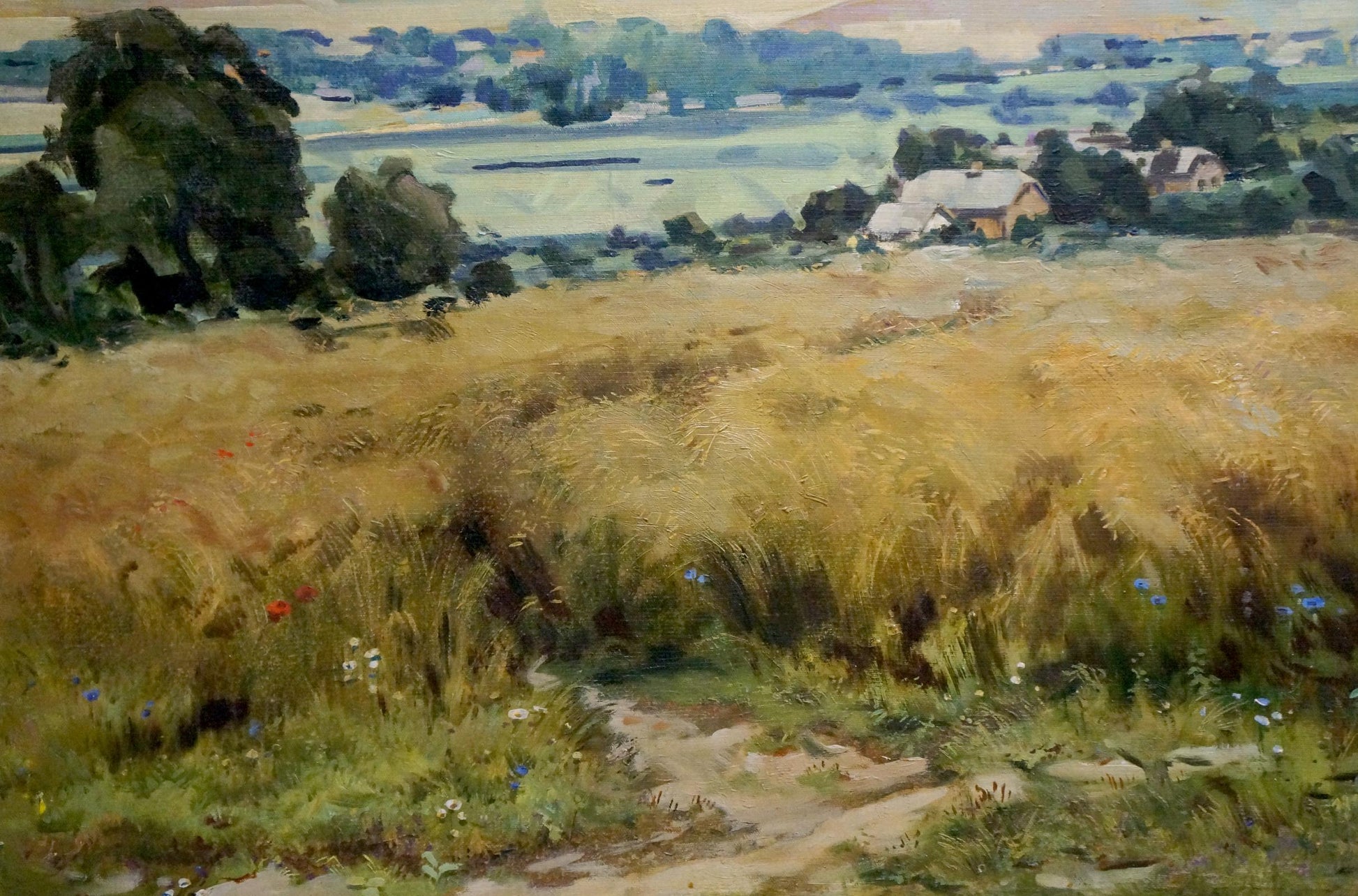 Oil painting of golden wheat field landscape by unknown artist