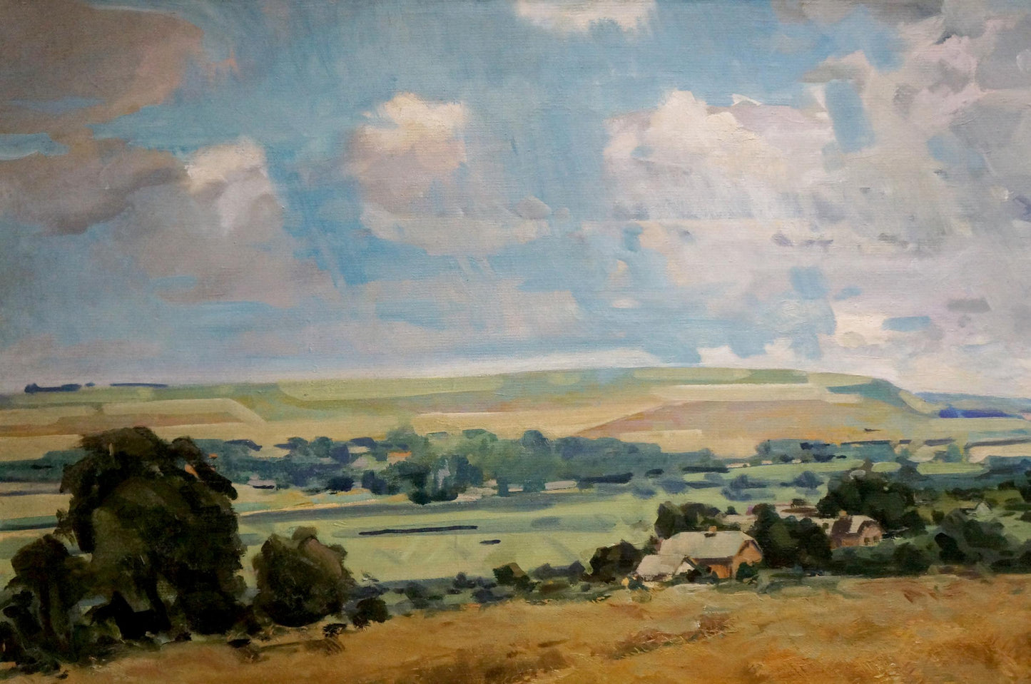 Oil painting of serene landscape with rolling green hills and golden wheat fields