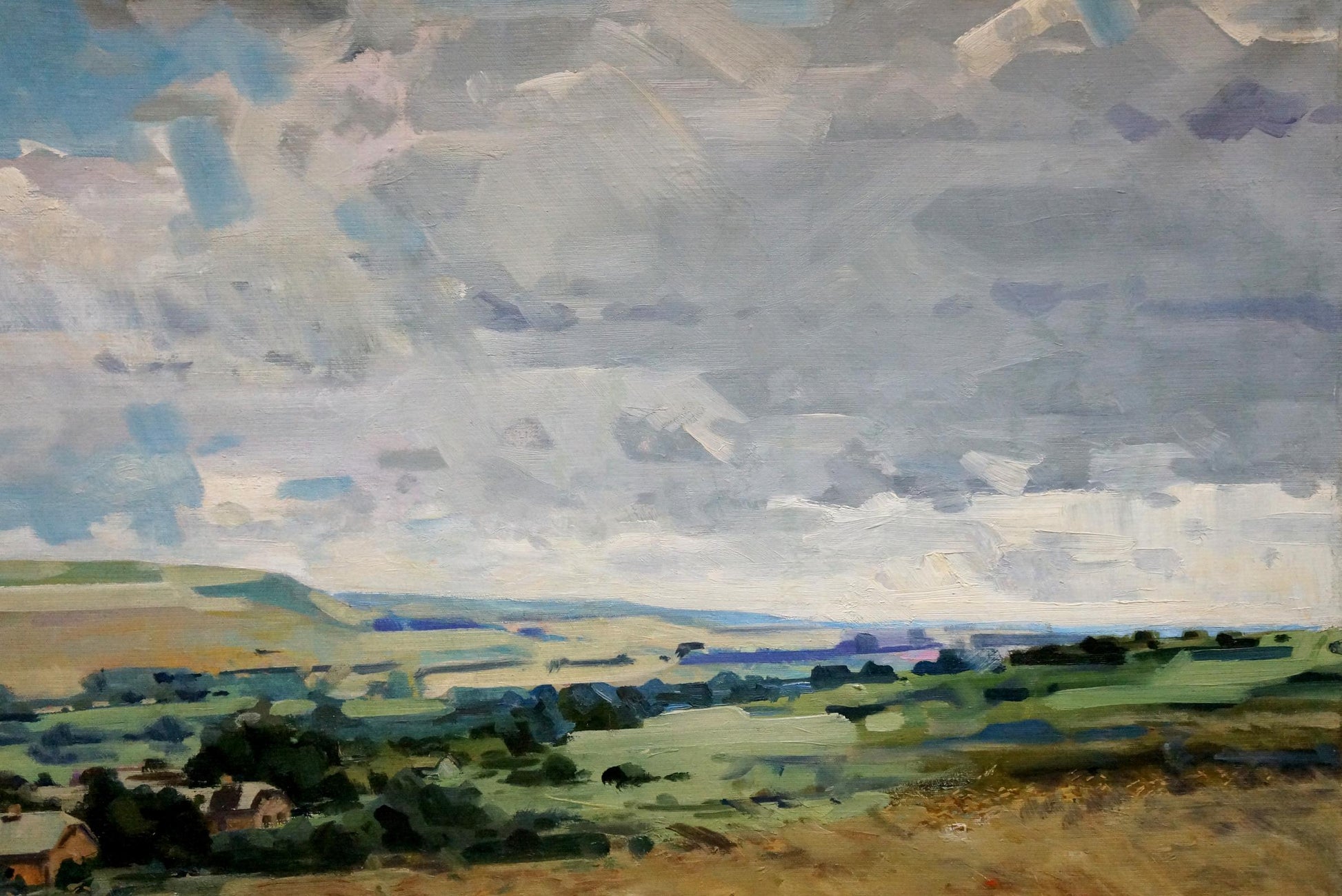 Oil painting of textured green hills and wheat field by unknown artist