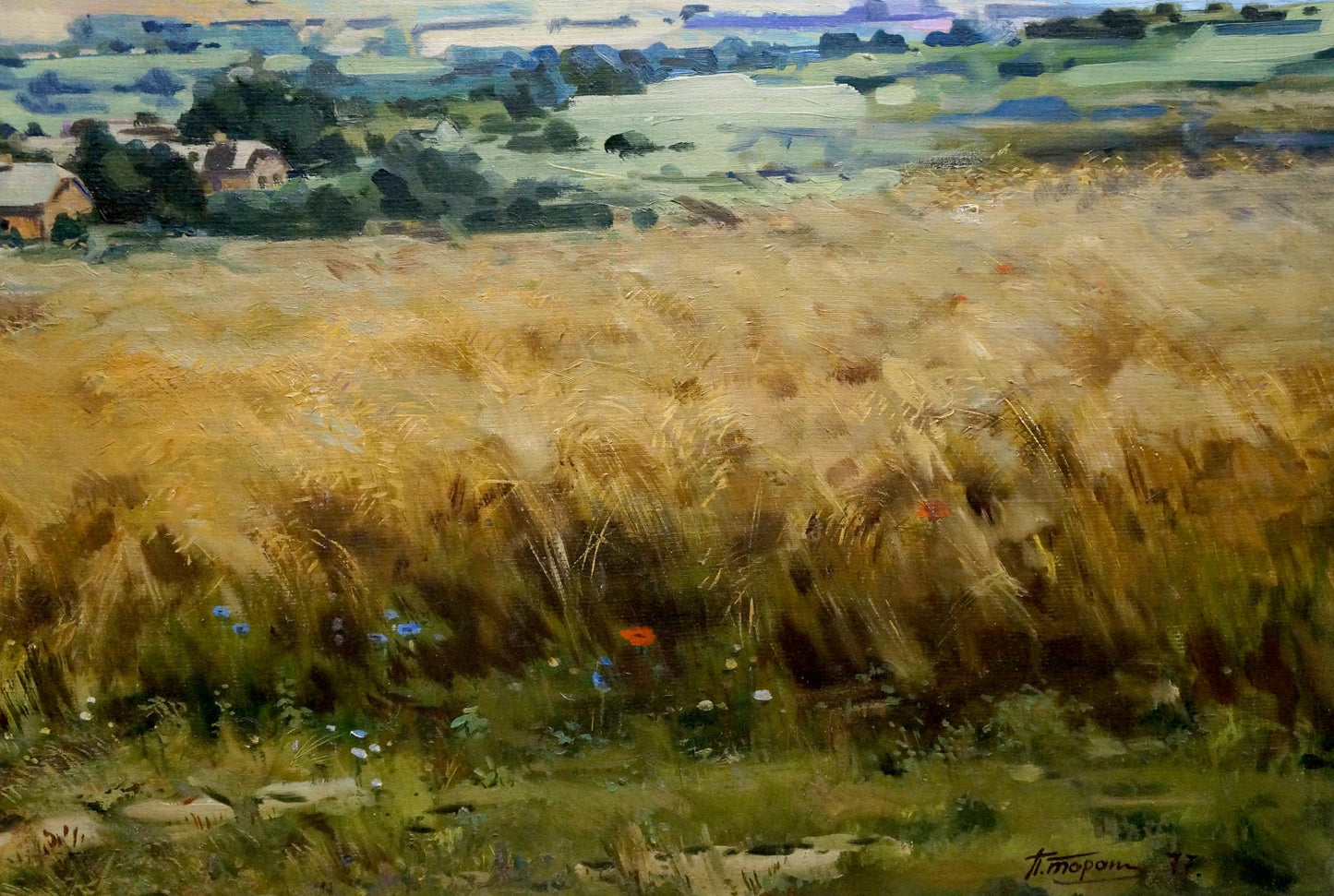 Oil painting of vibrant golden wheat field with wildflowers by unknown artist