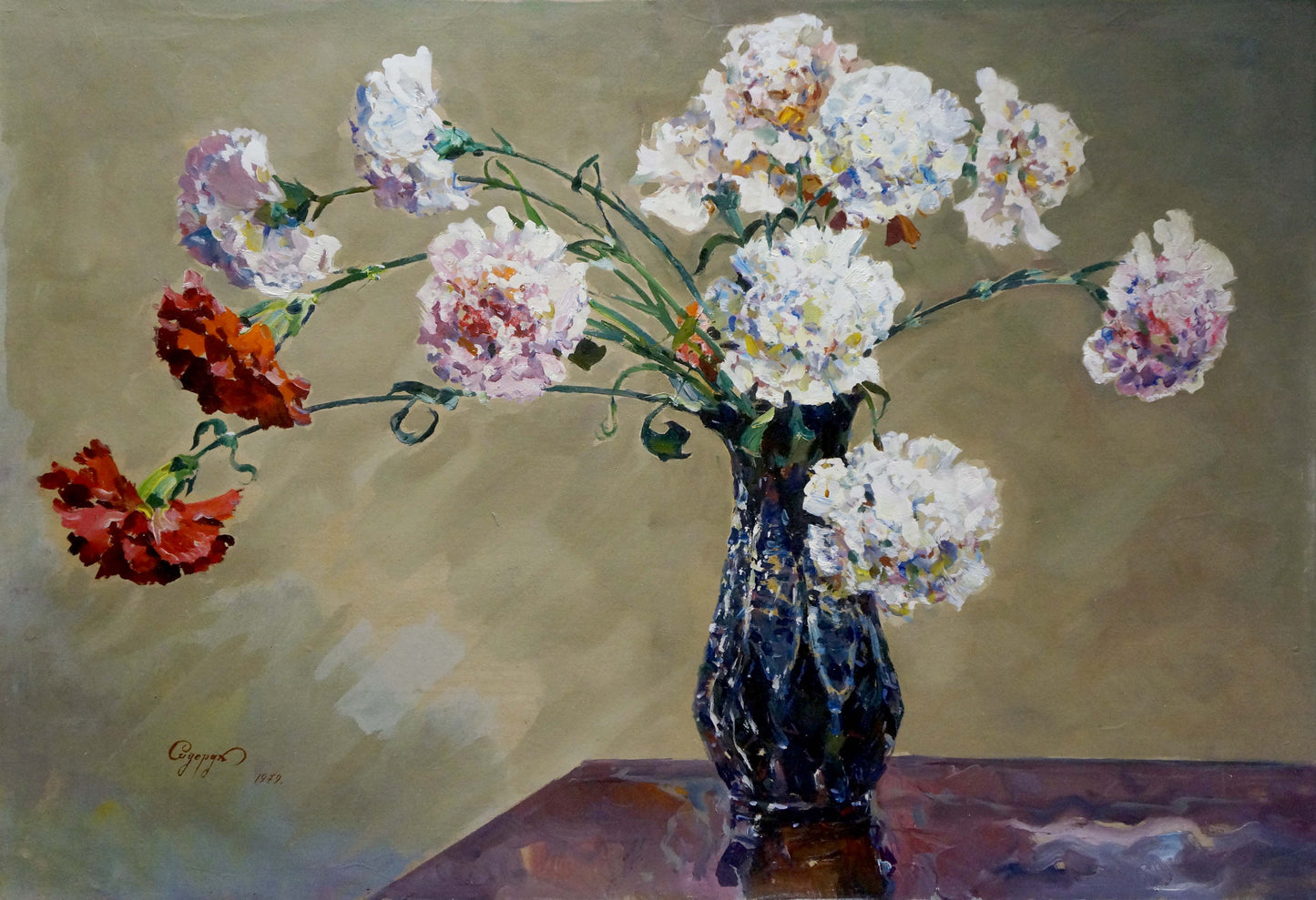 Oil painting of carnations by Sidoruk Vladimir Fedorovich in dark textured vase