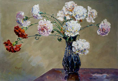Oil painting of carnations by Sidoruk Vladimir Fedorovich in dark textured vase