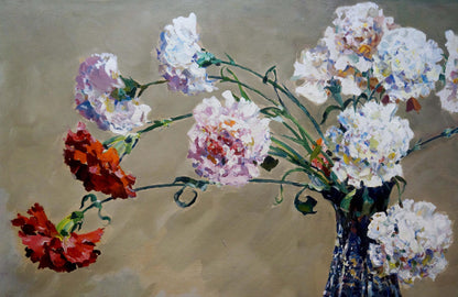 Oil painting of carnations by Sidoruk Vladimir Fedorovich in blue vase
