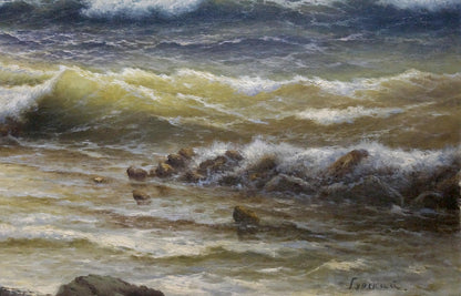Oil painting Seascape by Gubsky Igor Ivanovich stormy waves on rocks