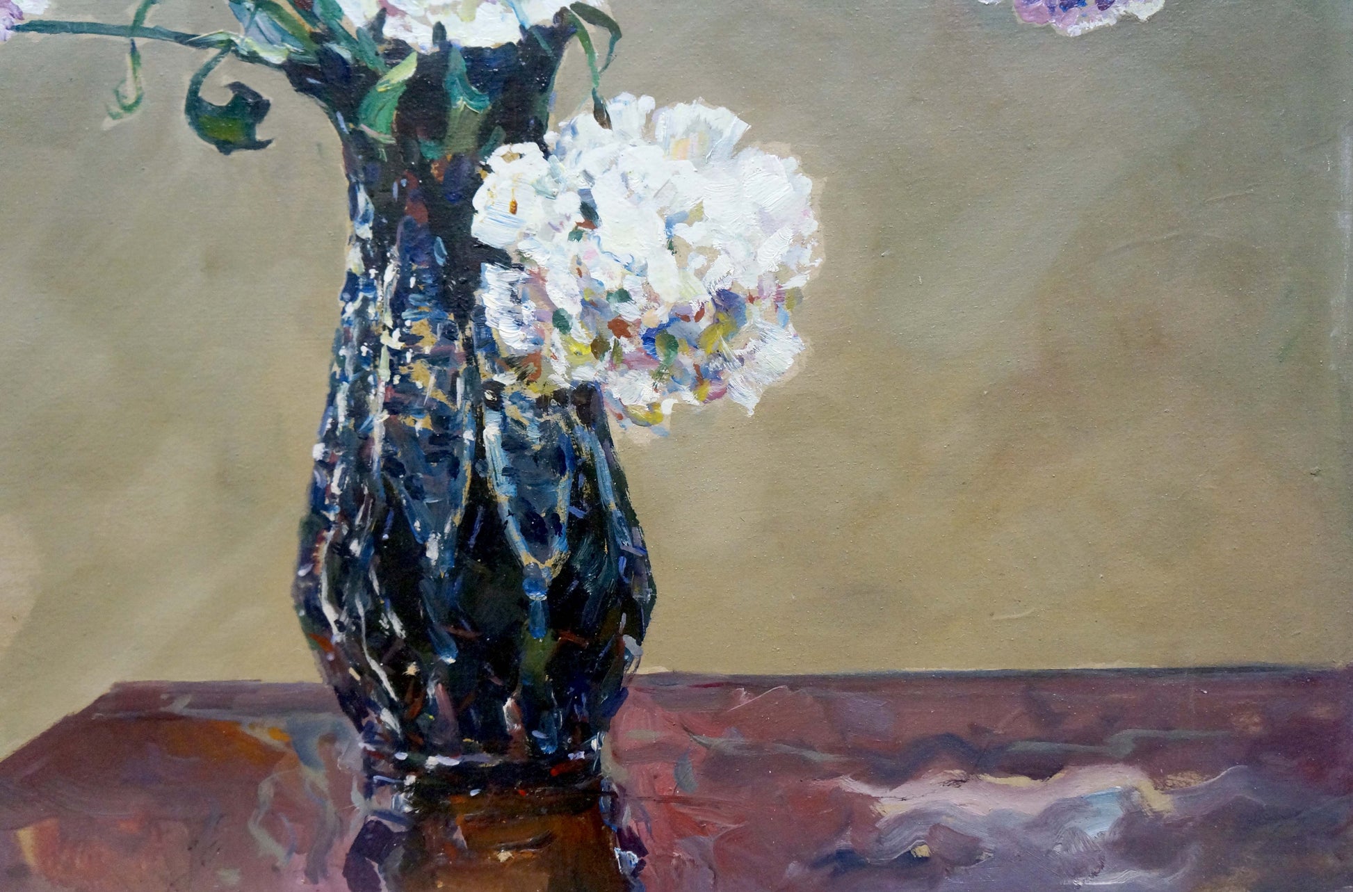 Dark textured ceramic vase with glossy finish holding white hydrangeas, Oil painting Carnation by Sidoruk Vladimir Fedorovich