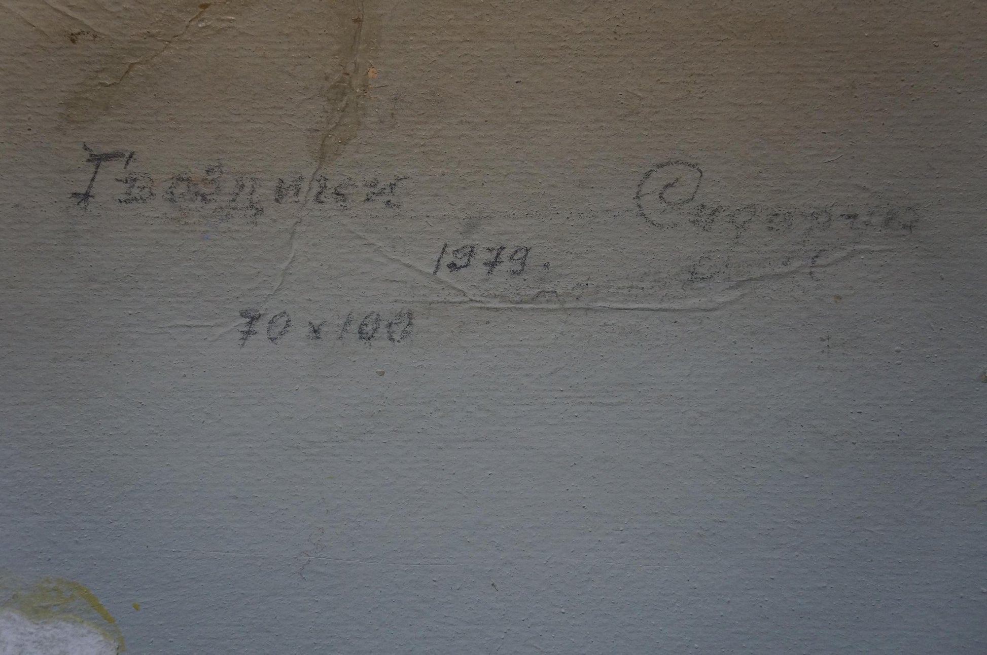 Back of oil painting Carnation by Sidoruk Vladimir Fedorovich on faded gray wall with Cyrillic text