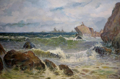 Oil painting Raging pestilence by O. Stoyanova: stormy sea crashing on rugged rocks