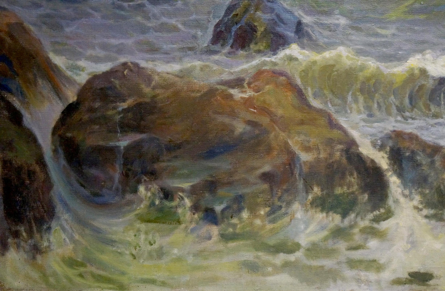 Oil painting Raging pestilence by O. Stoyanova: textured rock with green white waves