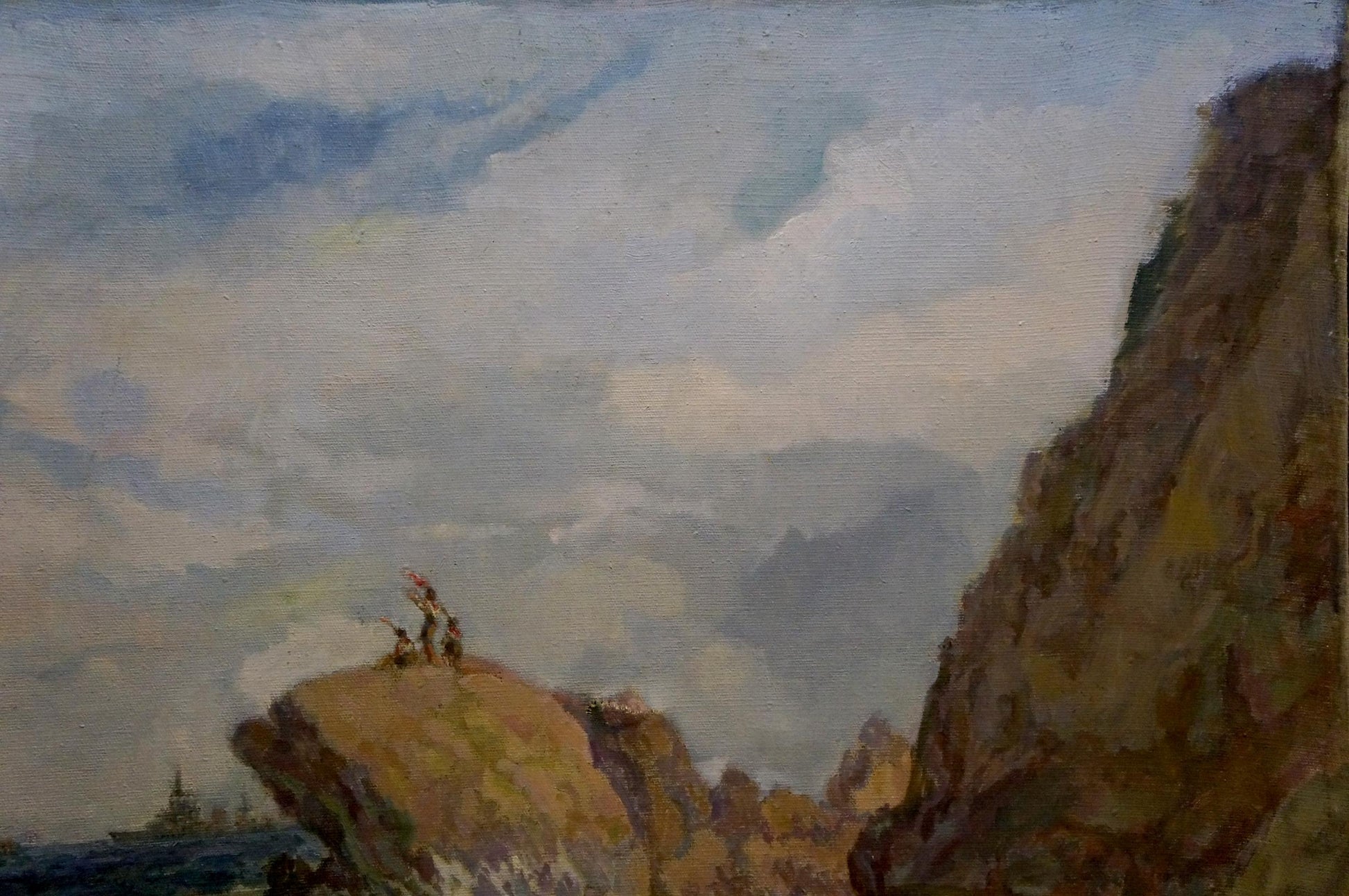 Oil painting Raging pestilence O. Stoyanova: rugged coastal cliffs under cloudy sky