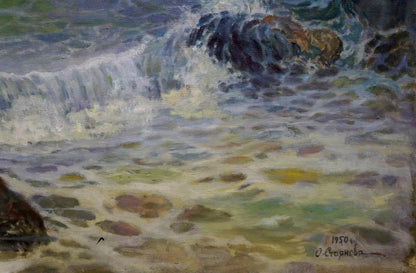 Oil painting Raging pestilence by O. Stoyanova: crashing waves in blue, white, green