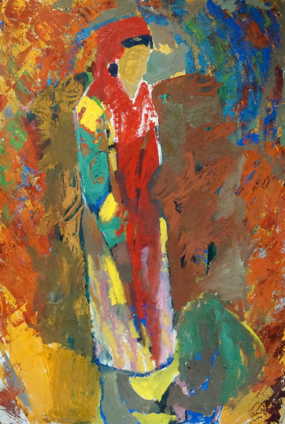 Vibrant abstract oil painting by Pokulity Konstantin Ivanovich, bold red figure