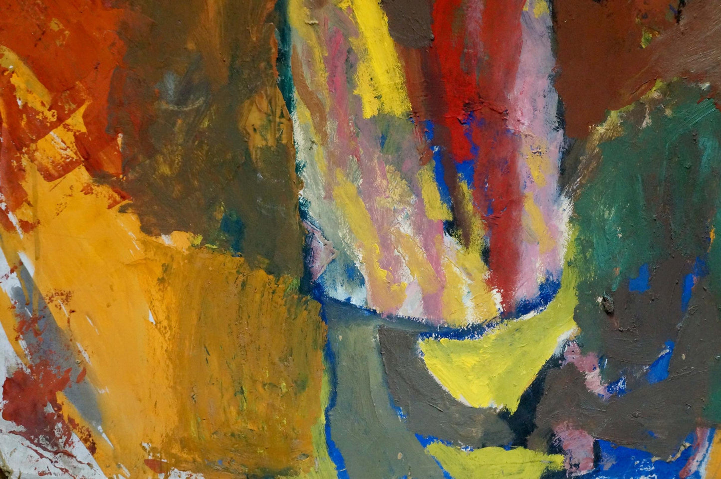 Abstract oil painting by Pokulity Konstantin Ivanovich with bold textured brushstrokes in vibrant yellow red blue green hues