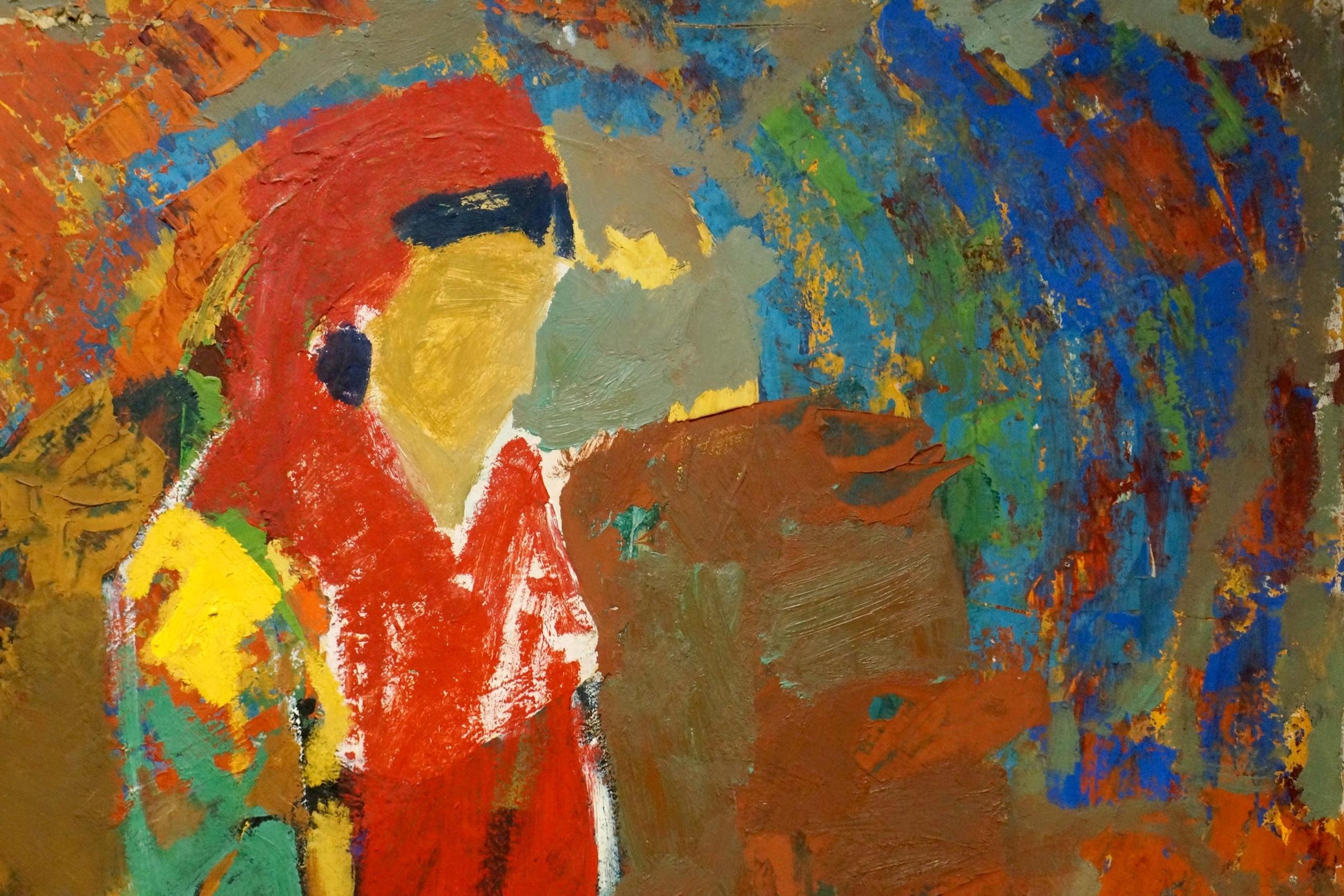 Vibrant abstract oil painting by Pokulity Konstantin Ivanovich with bold red blue yellow strokes